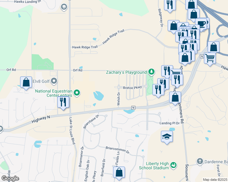 map of restaurants, bars, coffee shops, grocery stores, and more near 7113 Welsh Drive in Lake Saint Louis