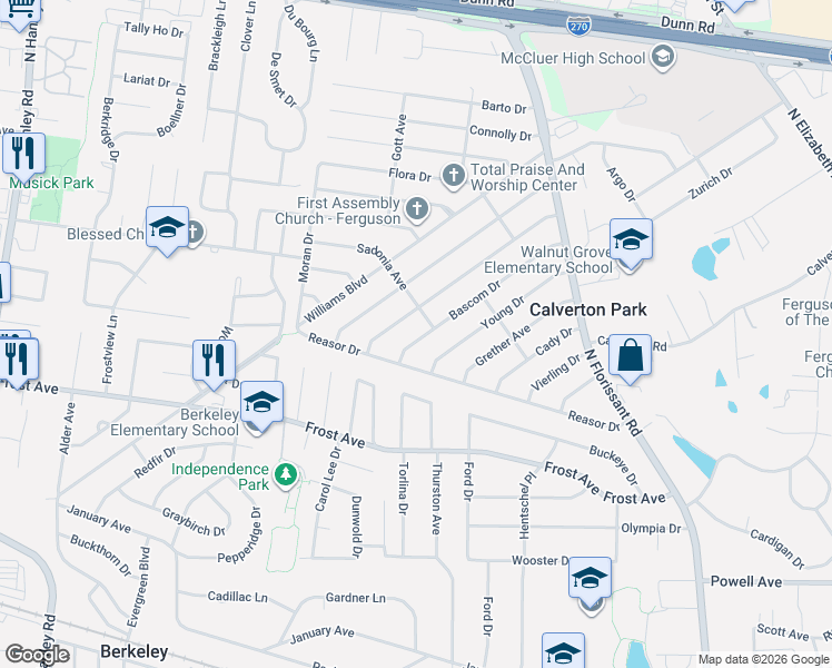 map of restaurants, bars, coffee shops, grocery stores, and more near 223 Elbring Drive in St. Louis