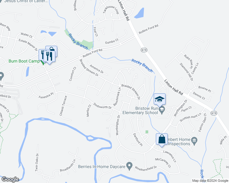map of restaurants, bars, coffee shops, grocery stores, and more near 13734 Denham Way in Bristow