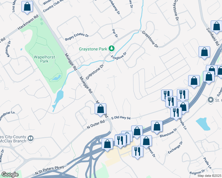 map of restaurants, bars, coffee shops, grocery stores, and more near 160 Diekamp Lane in Saint Charles