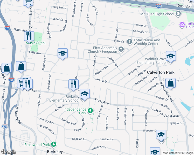 map of restaurants, bars, coffee shops, grocery stores, and more near 280 Williams Boulevard in St. Louis