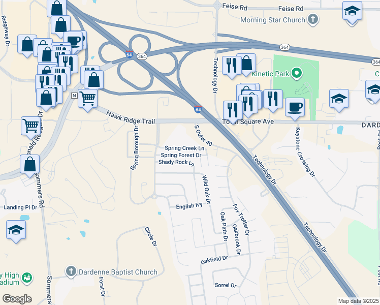 map of restaurants, bars, coffee shops, grocery stores, and more near 9100 Spring Creek Lane in O'Fallon