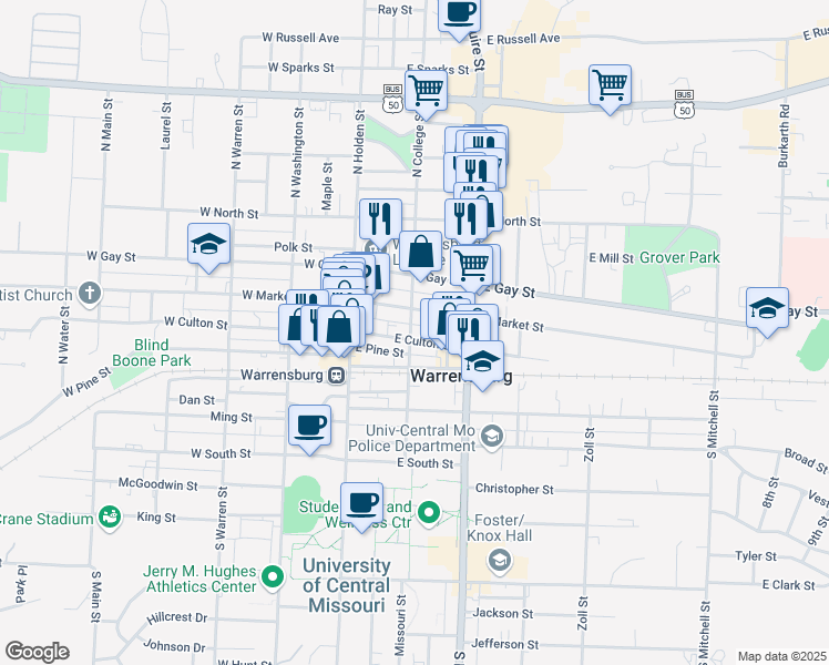 map of restaurants, bars, coffee shops, grocery stores, and more near 200 East Market Street in Warrensburg