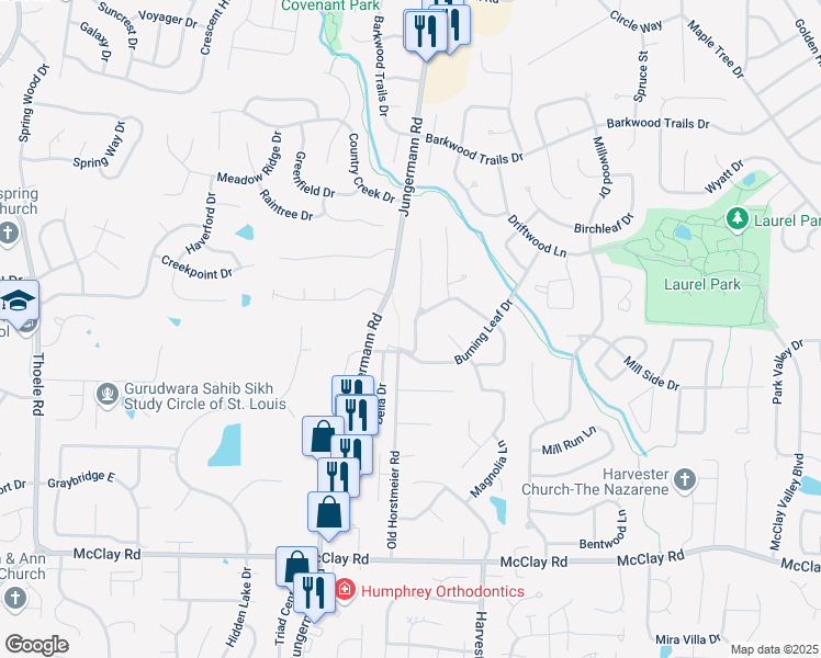 map of restaurants, bars, coffee shops, grocery stores, and more near 119 Bramblewood Drive in St. Peters