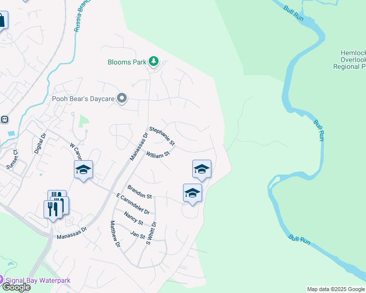 map of restaurants, bars, coffee shops, grocery stores, and more near 9227 Stephanie St in Manassas Park