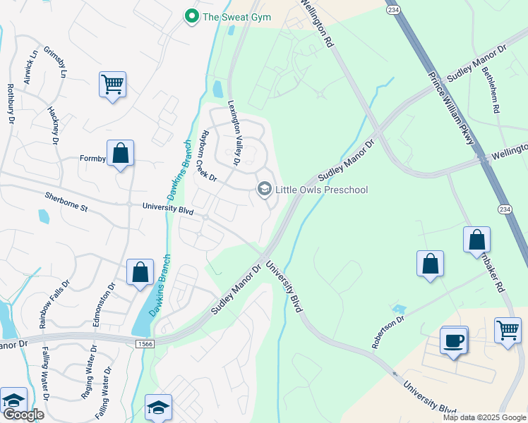 map of restaurants, bars, coffee shops, grocery stores, and more near 8950 Hanson Grove Court in Manassas