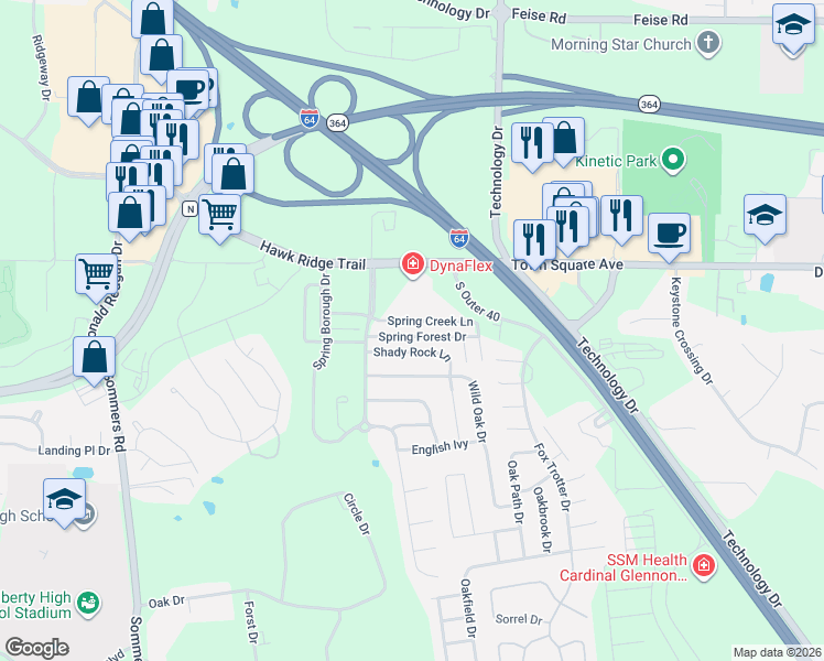 map of restaurants, bars, coffee shops, grocery stores, and more near 4101 Spring Creek Lane in O'Fallon