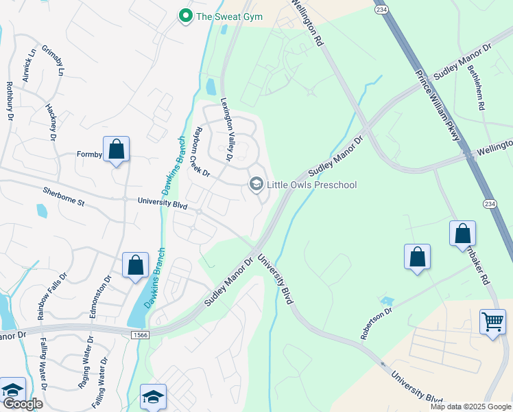 map of restaurants, bars, coffee shops, grocery stores, and more near 8950 Hanson Grove Court in Manassas