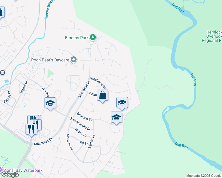 map of restaurants, bars, coffee shops, grocery stores, and more near 9227 Stephanie St in Manassas Park