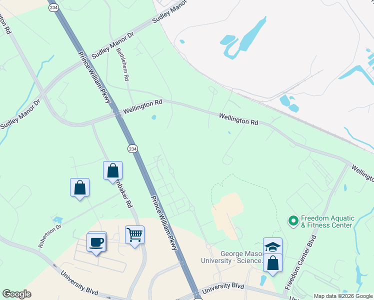 map of restaurants, bars, coffee shops, grocery stores, and more near 8784 Noether Street in Manassas