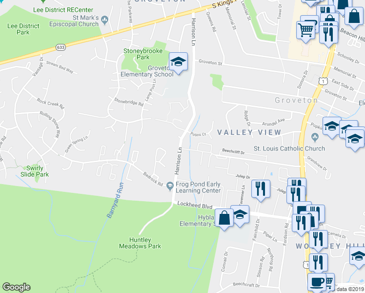 map of restaurants, bars, coffee shops, grocery stores, and more near 3570 Huntley Manor Lane in Alexandria