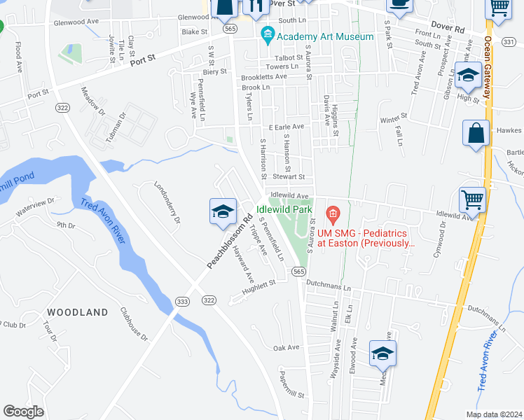 map of restaurants, bars, coffee shops, grocery stores, and more near 501 South Washington Street in Easton