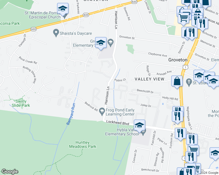 map of restaurants, bars, coffee shops, grocery stores, and more near 3570 Huntley Manor Lane in Alexandria