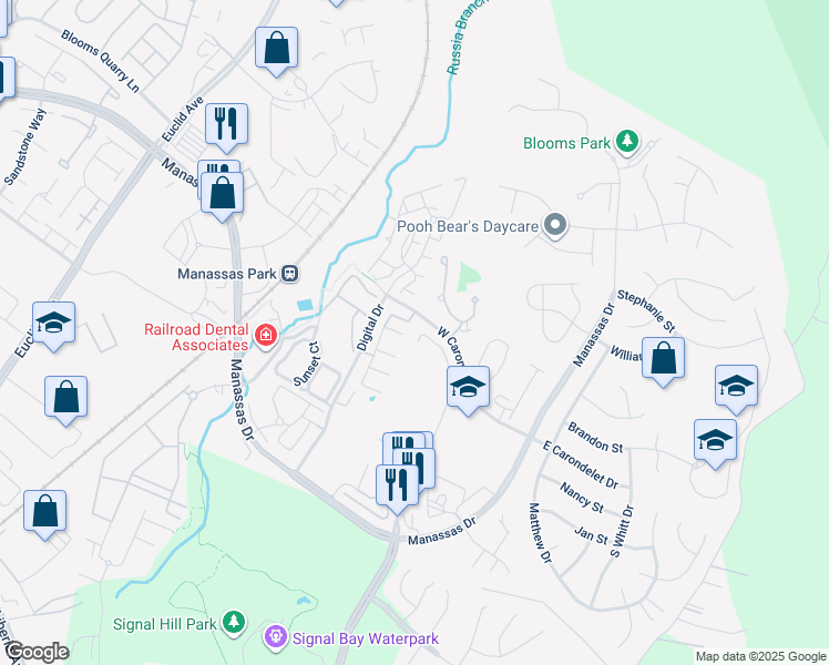 map of restaurants, bars, coffee shops, grocery stores, and more near 9463 Lanae Lane in Manassas Park