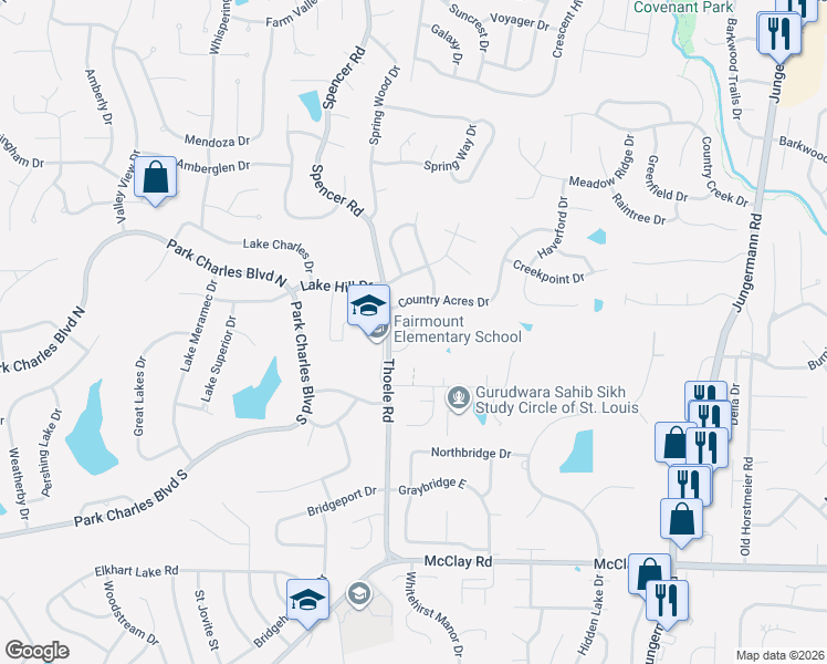 map of restaurants, bars, coffee shops, grocery stores, and more near 1605 Country Acres Drive in St. Peters