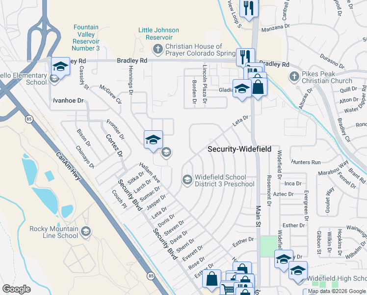 map of restaurants, bars, coffee shops, grocery stores, and more near 208 Cunningham Drive in Colorado Springs