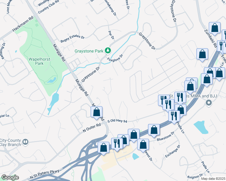 map of restaurants, bars, coffee shops, grocery stores, and more near 218 Diekamp Lane in Saint Charles