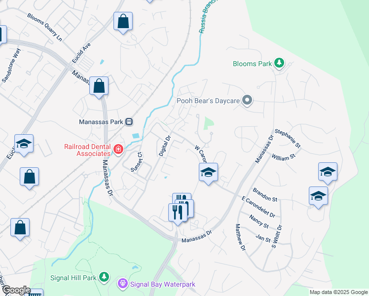 map of restaurants, bars, coffee shops, grocery stores, and more near 9463 Lanae Lane in Manassas Park