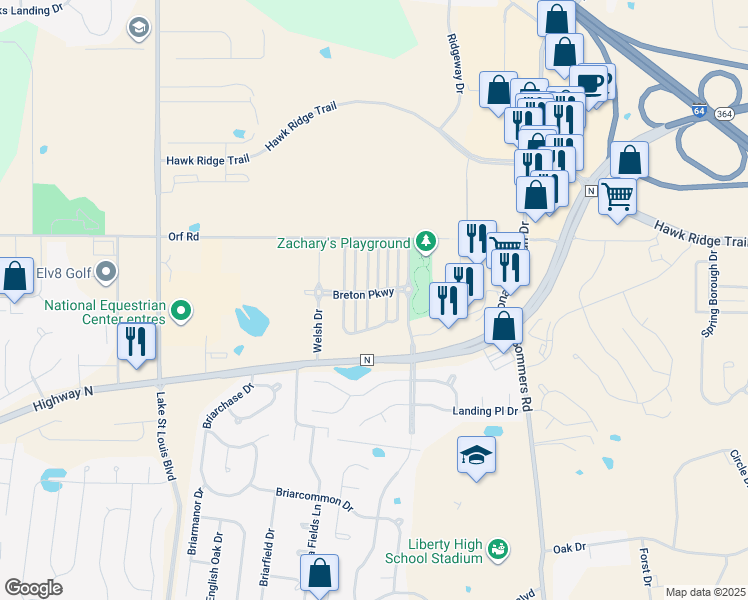map of restaurants, bars, coffee shops, grocery stores, and more near 716 Waler Drive in Lake Saint Louis