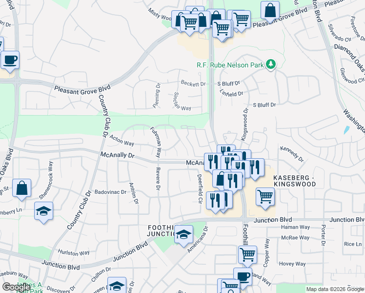 map of restaurants, bars, coffee shops, grocery stores, and more near 4012 Lowdan Court in Roseville