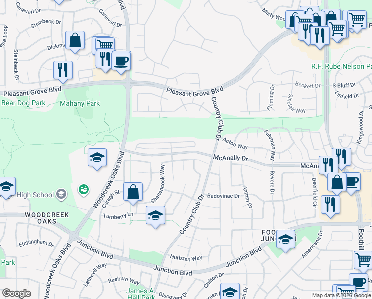 map of restaurants, bars, coffee shops, grocery stores, and more near 1449 Snapdragon Lane in Roseville