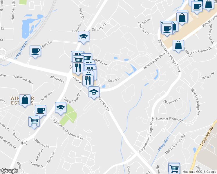 map of restaurants, bars, coffee shops, grocery stores, and more near 6037 Curtier Drive in Alexandria
