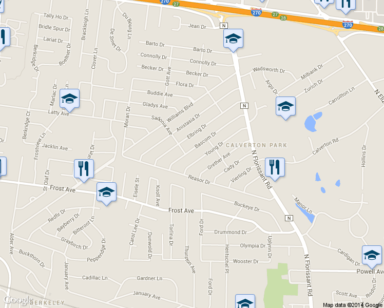 map of restaurants, bars, coffee shops, grocery stores, and more near 168 Bascom Drive in St. Louis