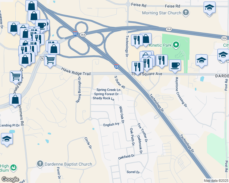 map of restaurants, bars, coffee shops, grocery stores, and more near 9100 Spring Creek Lane in O'Fallon