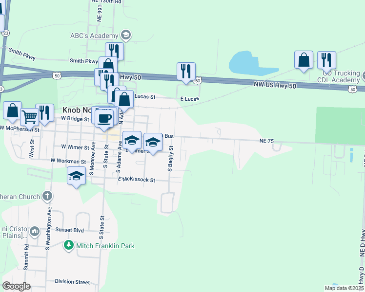 map of restaurants, bars, coffee shops, grocery stores, and more near 100 South Bagby Street in Knob Noster