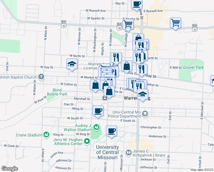 map of restaurants, bars, coffee shops, grocery stores, and more near 112 Hout Street in Warrensburg