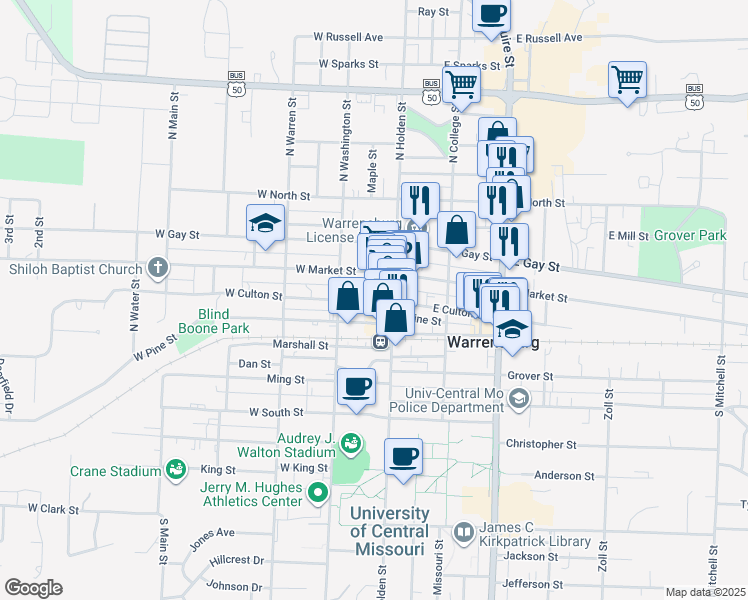 map of restaurants, bars, coffee shops, grocery stores, and more near 112 Hout Street in Warrensburg