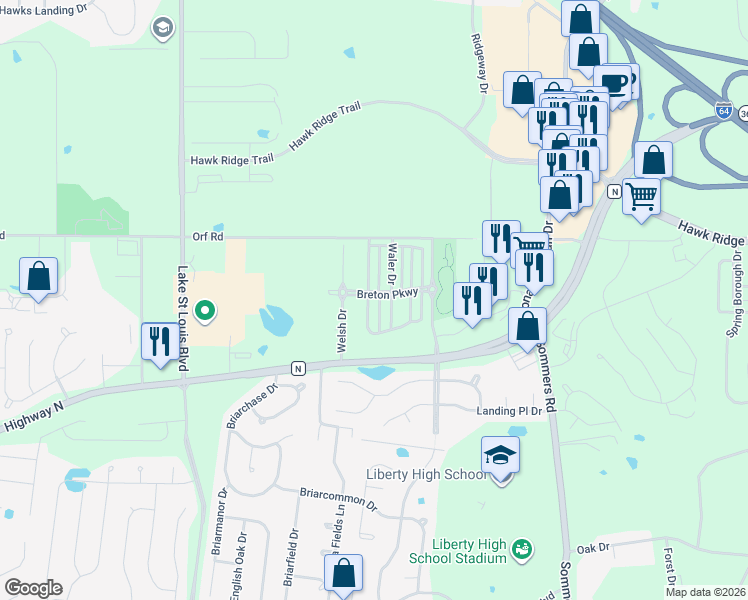 map of restaurants, bars, coffee shops, grocery stores, and more near 801 Waler Drive in Lake Saint Louis