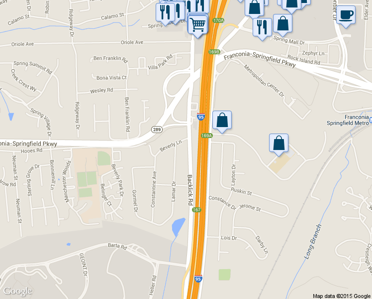 map of restaurants, bars, coffee shops, grocery stores, and more near 7110 Backlick Rd in Springfield