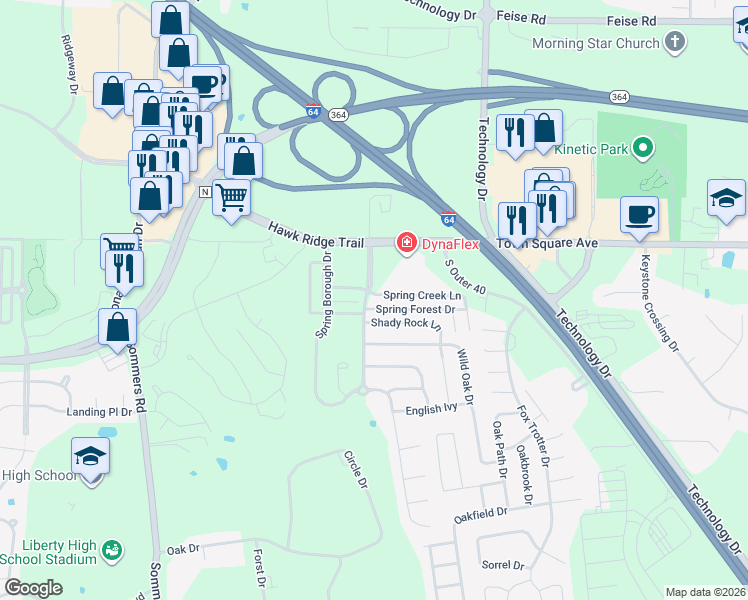 map of restaurants, bars, coffee shops, grocery stores, and more near 1100 Spring Creek Lane in Dardenne Prairie
