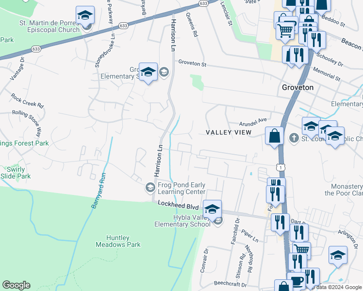 map of restaurants, bars, coffee shops, grocery stores, and more near 7053 Huntley Run Place in Alexandria