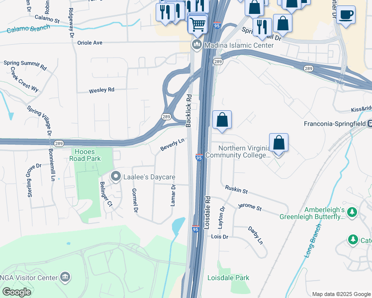 map of restaurants, bars, coffee shops, grocery stores, and more near 7110 Backlick Rd in Springfield