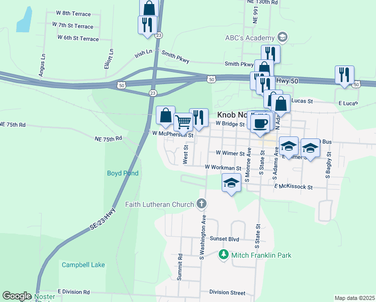 map of restaurants, bars, coffee shops, grocery stores, and more near 601 West McPherson Street in Knob Noster