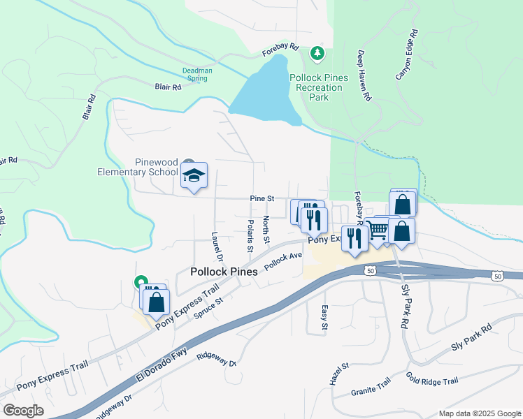 map of restaurants, bars, coffee shops, grocery stores, and more near 2870 Polaris Street in Pollock Pines