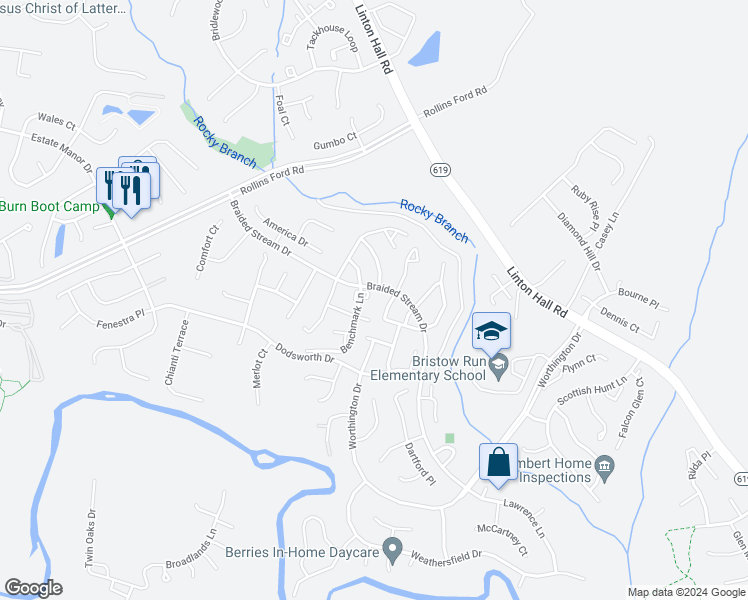 map of restaurants, bars, coffee shops, grocery stores, and more near 8859 Benchmark Lane in Bristow