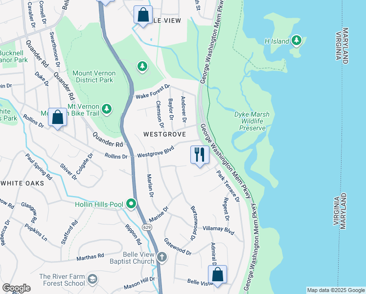 map of restaurants, bars, coffee shops, grocery stores, and more near 1209 Westgrove Boulevard in Alexandria