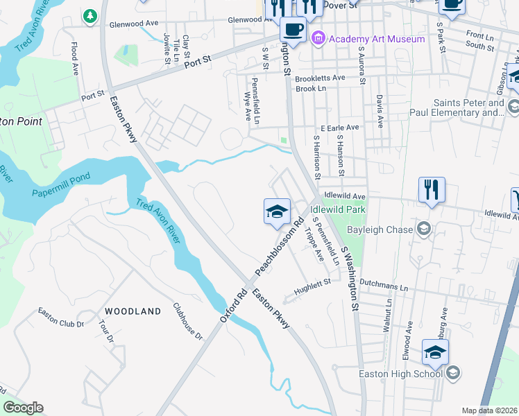 map of restaurants, bars, coffee shops, grocery stores, and more near 201 Peachblossom Road in Easton