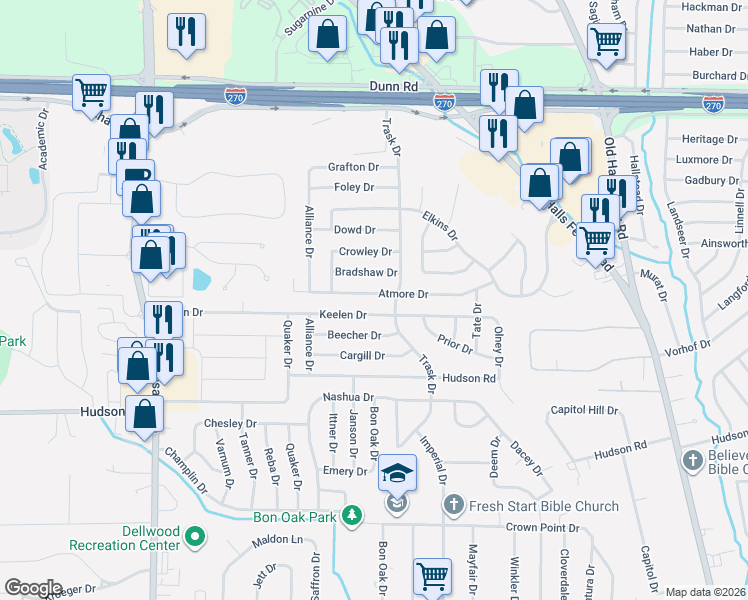 map of restaurants, bars, coffee shops, grocery stores, and more near 1755 Atmore Drive in St. Louis