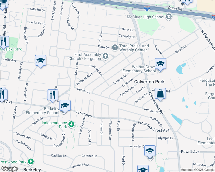 map of restaurants, bars, coffee shops, grocery stores, and more near 169 Bascom Drive in St. Louis