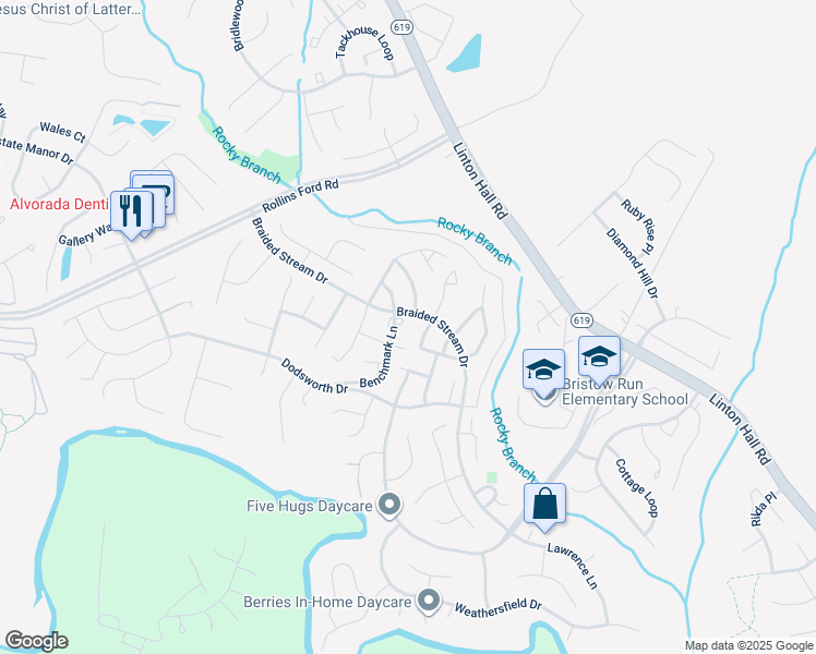 map of restaurants, bars, coffee shops, grocery stores, and more near 8859 Benchmark Lane in Bristow
