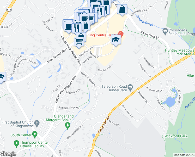 map of restaurants, bars, coffee shops, grocery stores, and more near 7032 Fieldhurst Court in Alexandria