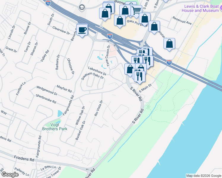 map of restaurants, bars, coffee shops, grocery stores, and more near 1715 South 5th Street in Saint Charles