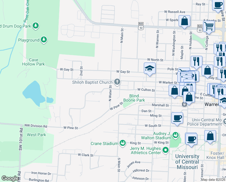 map of restaurants, bars, coffee shops, grocery stores, and more near 601 West Culton Street in Warrensburg