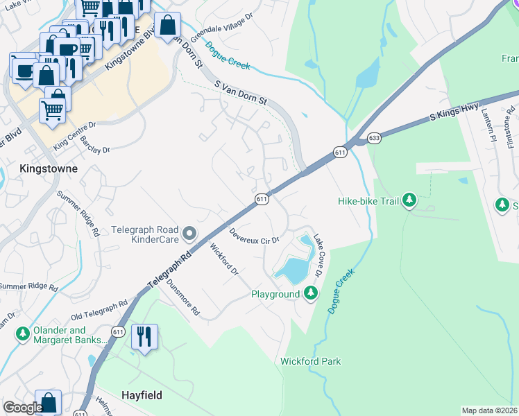 map of restaurants, bars, coffee shops, grocery stores, and more near 7000 Dreams Way Court in Alexandria