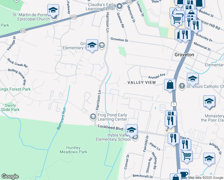 map of restaurants, bars, coffee shops, grocery stores, and more near 7053 Huntley Run Place in Alexandria
