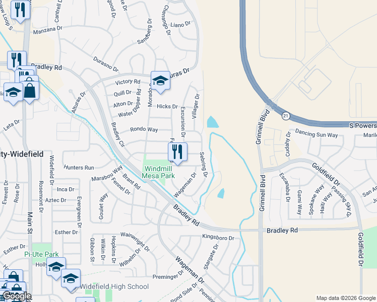 map of restaurants, bars, coffee shops, grocery stores, and more near 4524 Excursion Drive in Colorado Springs
